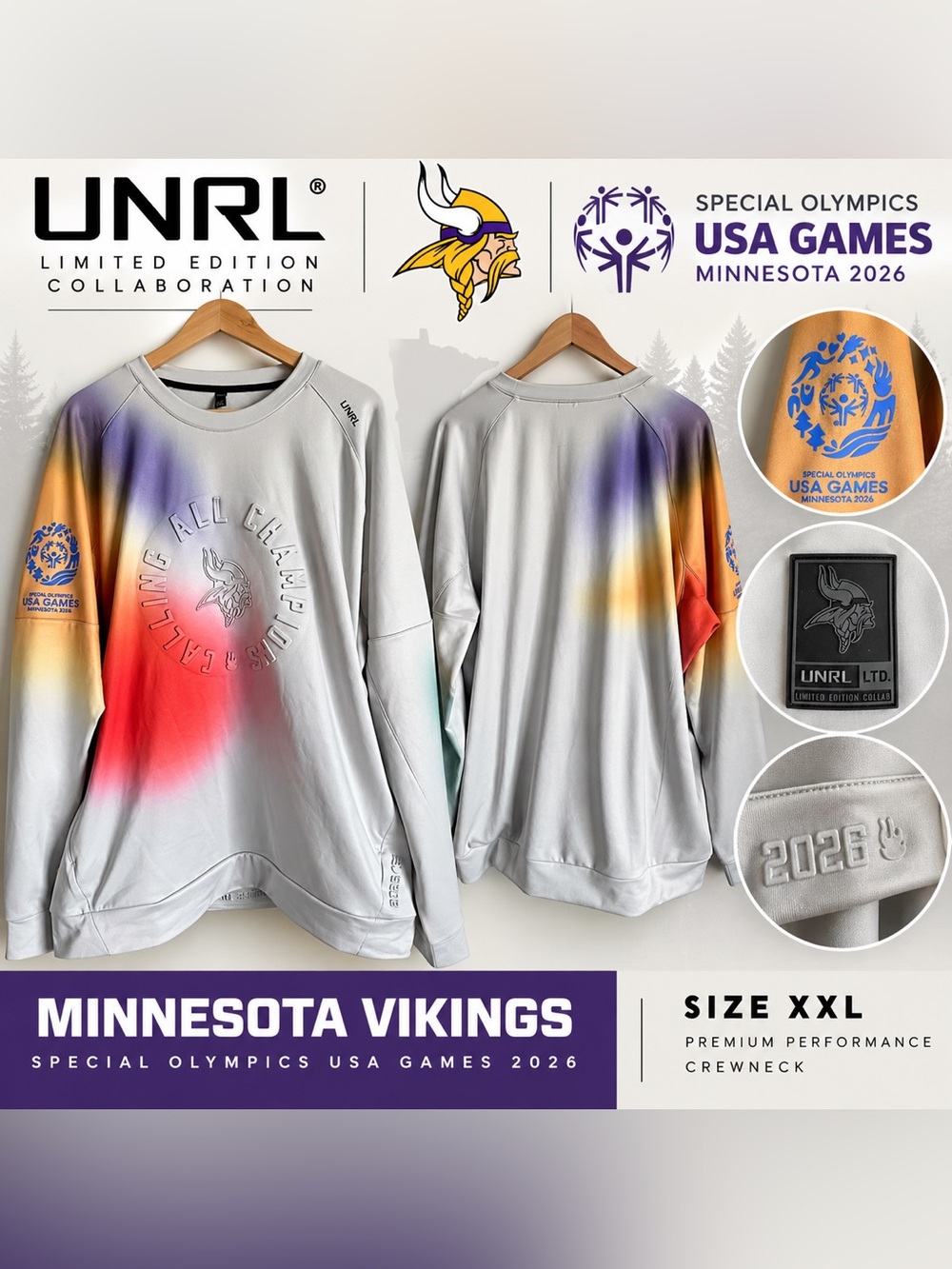 UNRL x Minnesota Vikings Special Olympics USA Games 2026 Crewneck XXL Limited Ed